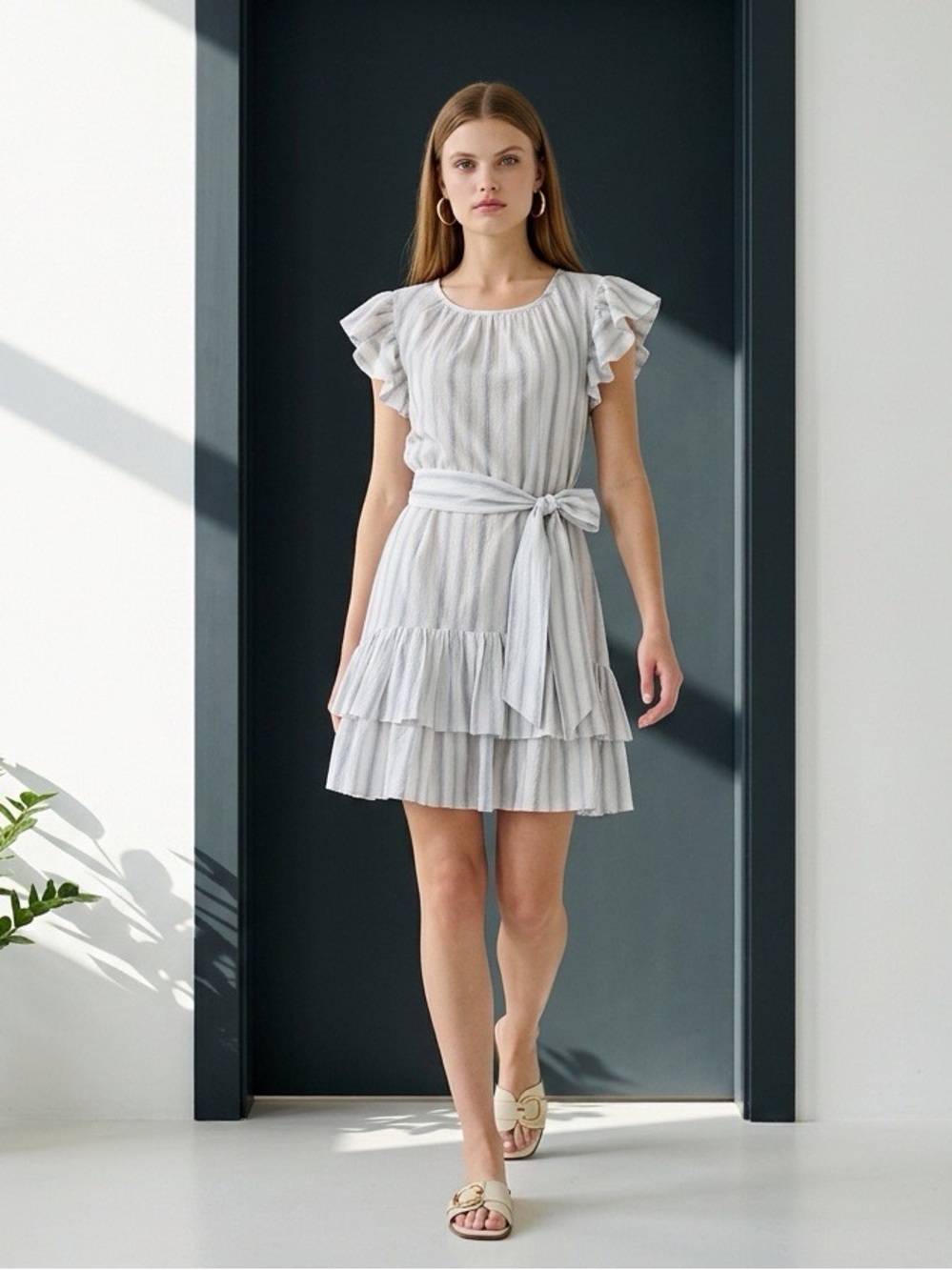 Rebecca Taylor Blue Stripe Ruffle Sleeve Tie Waist Mini Dress Size 4